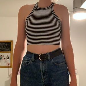 Black and white striped halter crop top.
